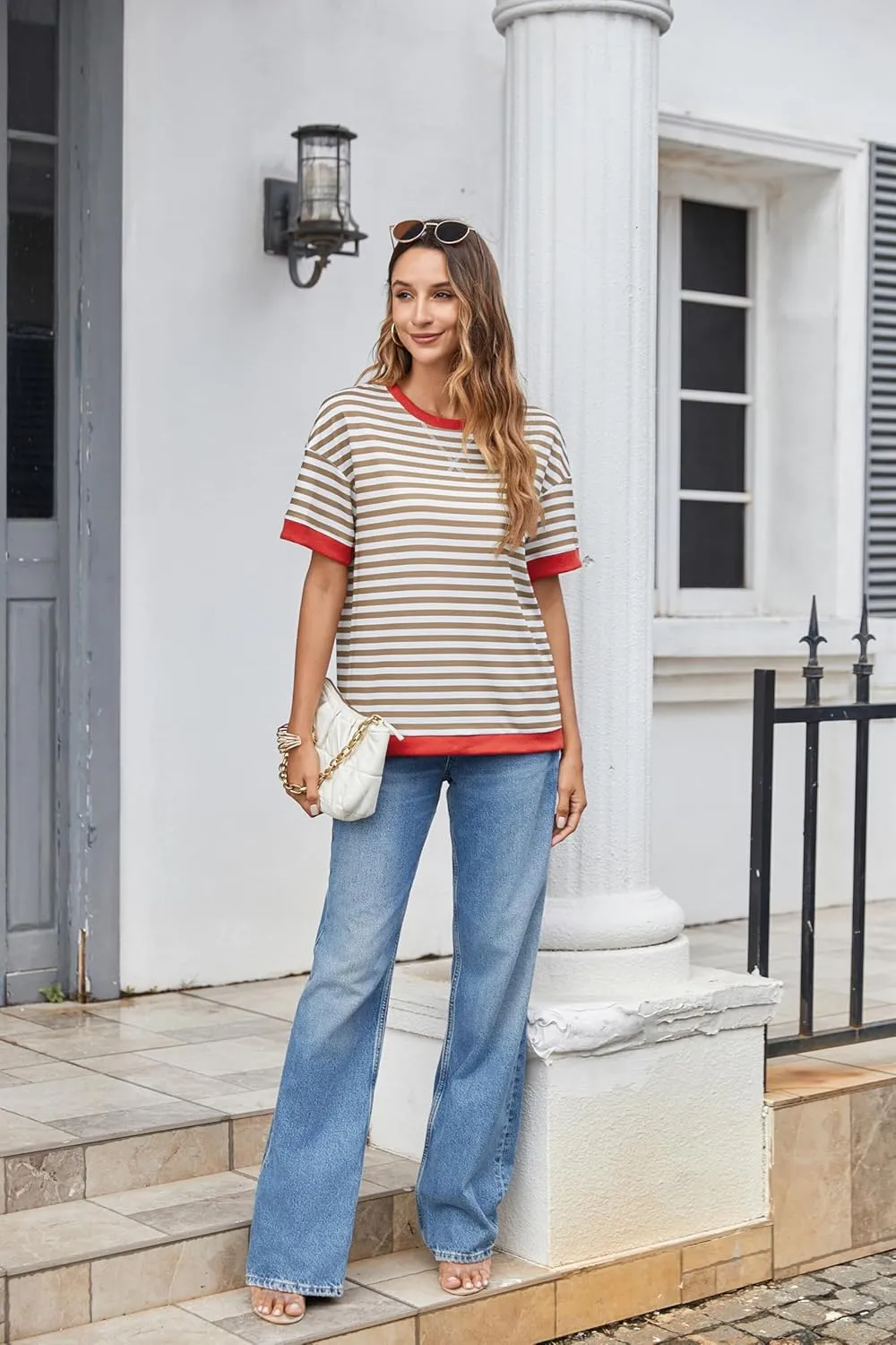 Zeagoo Womens Summer Tops Oversized Crewneck Short Sleeve Striped Shirts Casual Loose Sweatshirt 2025 Basic Tee Blouse
