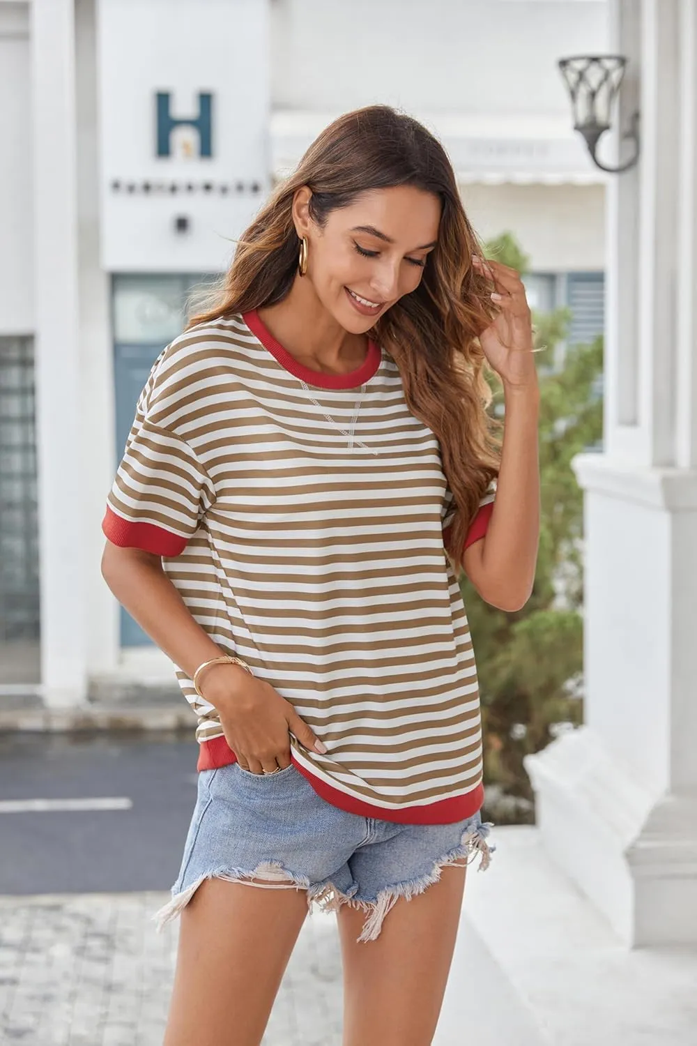 Zeagoo Womens Summer Tops Oversized Crewneck Short Sleeve Striped Shirts Casual Loose Sweatshirt 2025 Basic Tee Blouse
