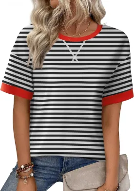 Zeagoo Womens Summer Tops Oversized Crewneck Short Sleeve Striped Shirts Casual Loose Sweatshirt 2025 Basic Tee Blouse