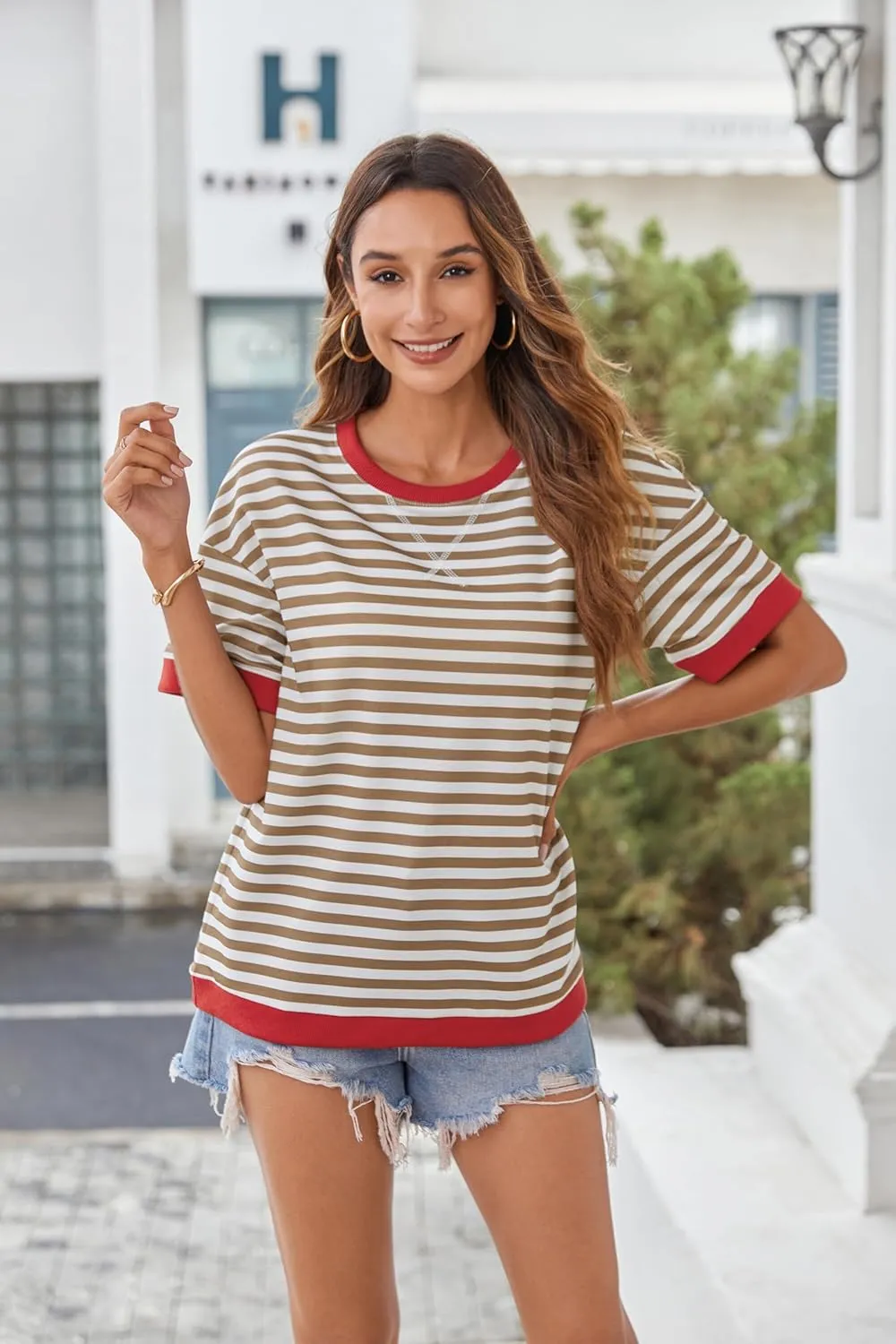 Zeagoo Womens Summer Tops Oversized Crewneck Short Sleeve Striped Shirts Casual Loose Sweatshirt 2025 Basic Tee Blouse