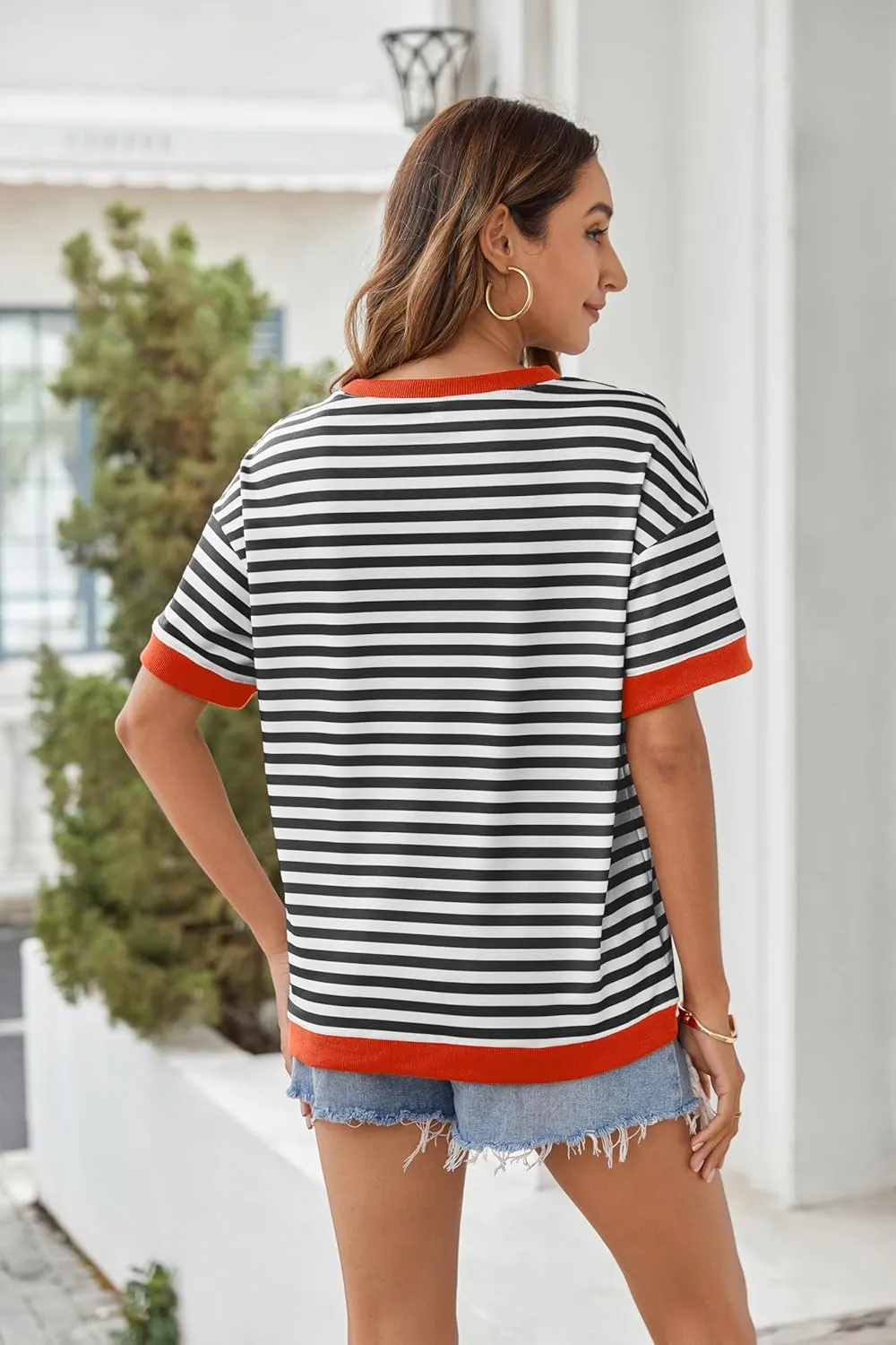 Zeagoo Womens Summer Tops Oversized Crewneck Short Sleeve Striped Shirts Casual Loose Sweatshirt 2025 Basic Tee Blouse