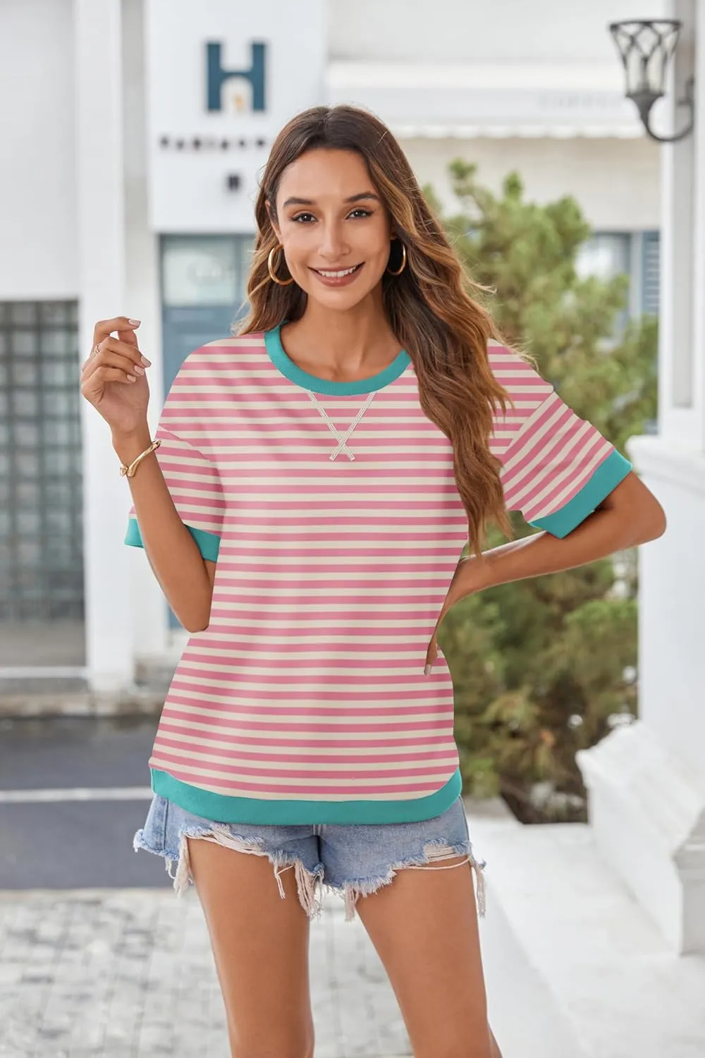 Zeagoo Womens Summer Tops Oversized Crewneck Short Sleeve Striped Shirts Casual Loose Sweatshirt 2025 Basic Tee Blouse