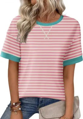 Zeagoo Womens Summer Tops Oversized Crewneck Short Sleeve Striped Shirts Casual Loose Sweatshirt 2025 Basic Tee Blouse