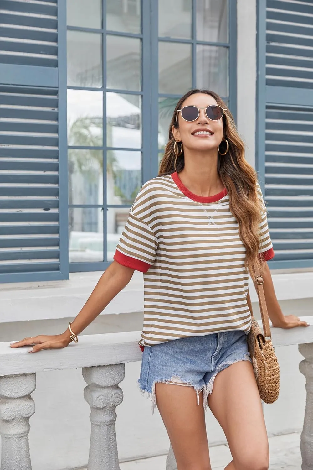 Zeagoo Womens Summer Tops Oversized Crewneck Short Sleeve Striped Shirts Casual Loose Sweatshirt 2025 Basic Tee Blouse